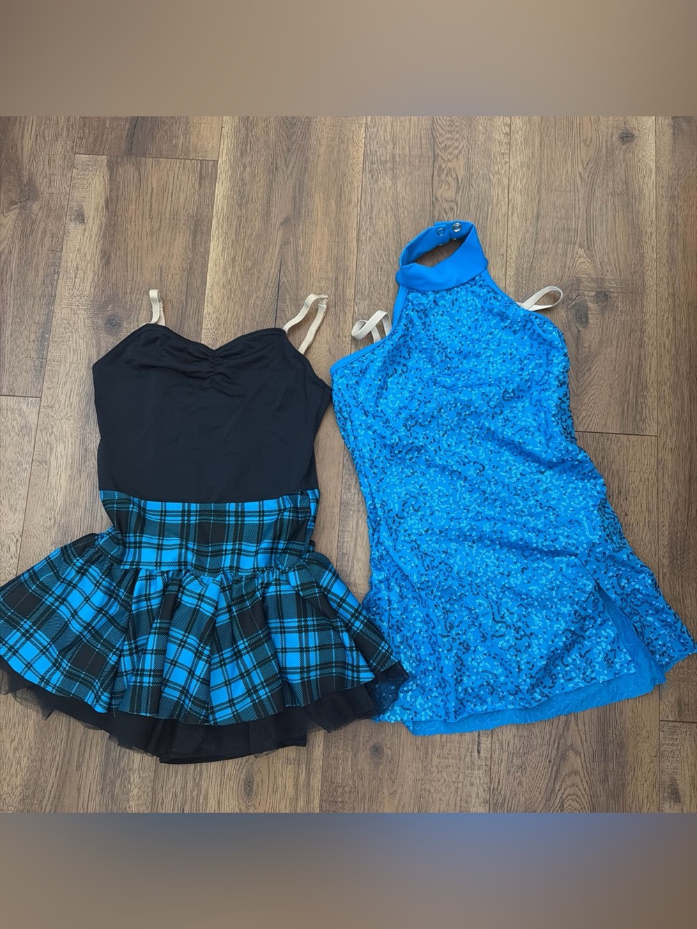 Blue Sequin Halter Dress & Black Top with Blue Plaid Skirt Duo Dance Costumes